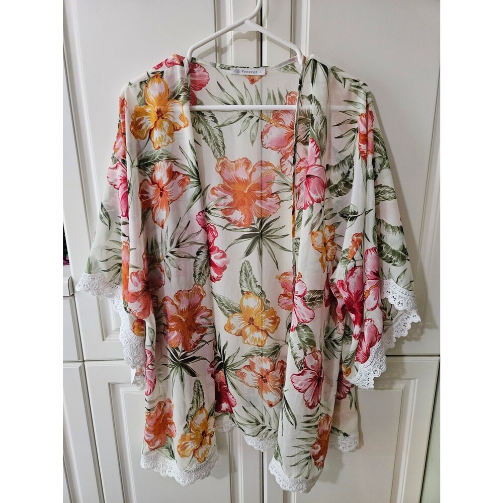 Veveret Sheer Tropical Floral Kimono Swim Cover Up Cardigan Crochet Lace Trim